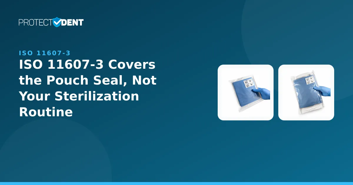 PROTECTDENT banner: ISO 11607-3 sterile barrier pouch sealing standard