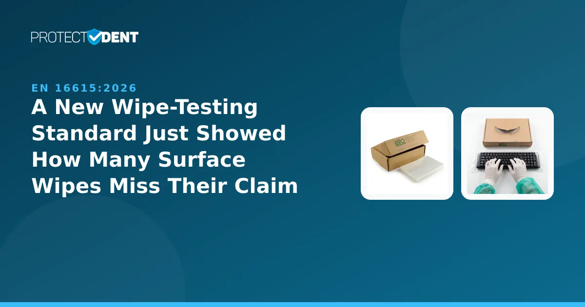 PROTECTDENT banner: EN 16615:2026 disinfectant wipe testing standard