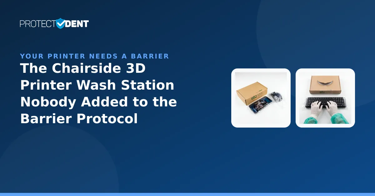 Illustration of a dental 3D printer wash-and-cure station with barrier sleeves protecting the touchscreen and control panel