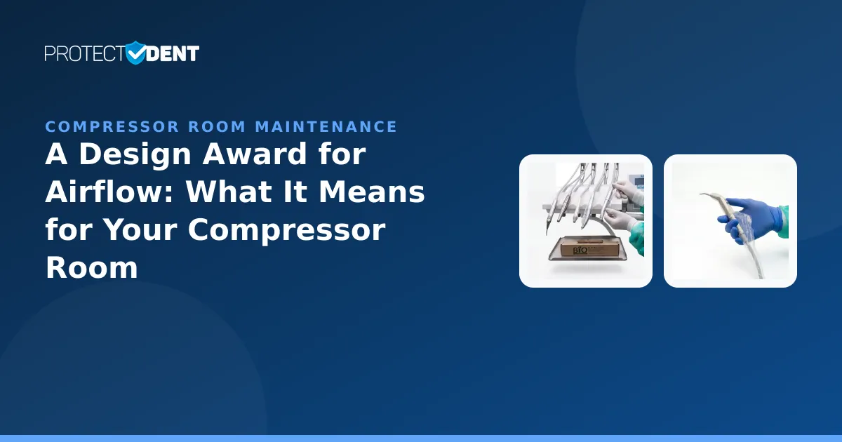 A dental equipment room compressor beside handpiece and air/water syringe barrier sleeves