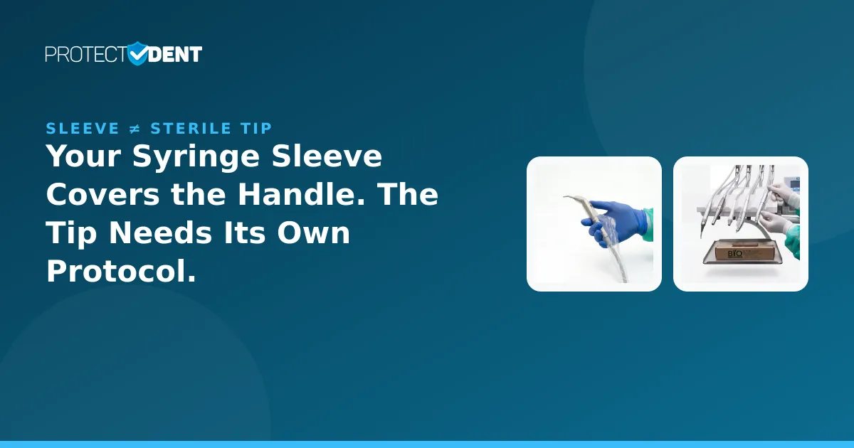 PROTECTDENT banner: air/water syringe sleeve versus tip sterilization