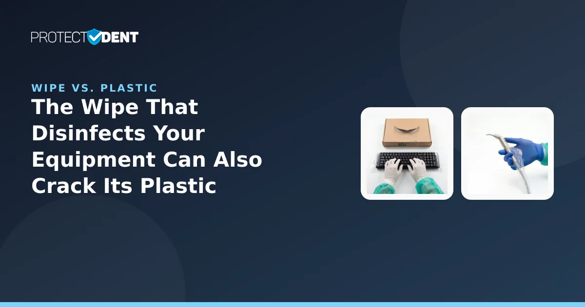 PROTECTDENT banner: disinfectant wipe versus equipment plastic durability