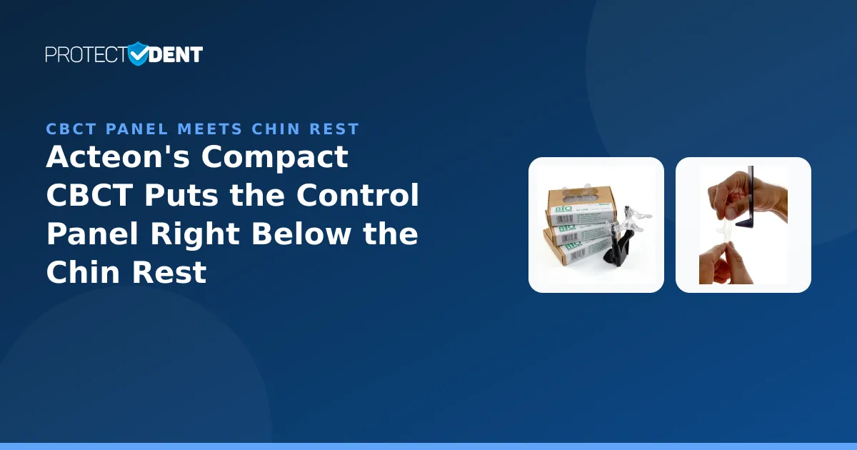 Illustration of a compact wall-mounted CBCT unit with its control panel positioned directly below the chin rest.