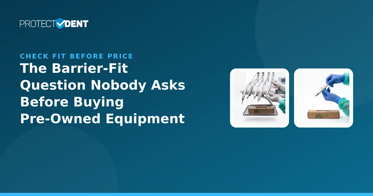 Illustration of a dental handpiece and ultrasonic scaler with barrier sleeves beside a certified pre-owned equipment checklist.