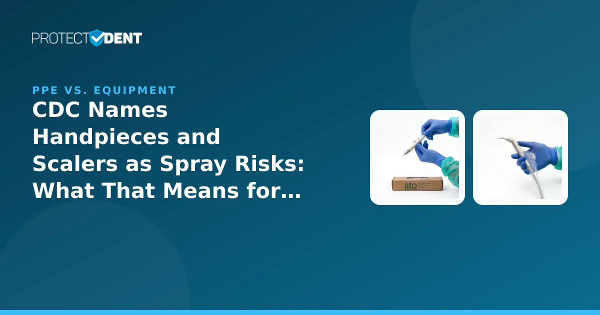 PROTECTDENT banner: CDC PPE guidance versus equipment barrier sleeves for handpieces and scalers