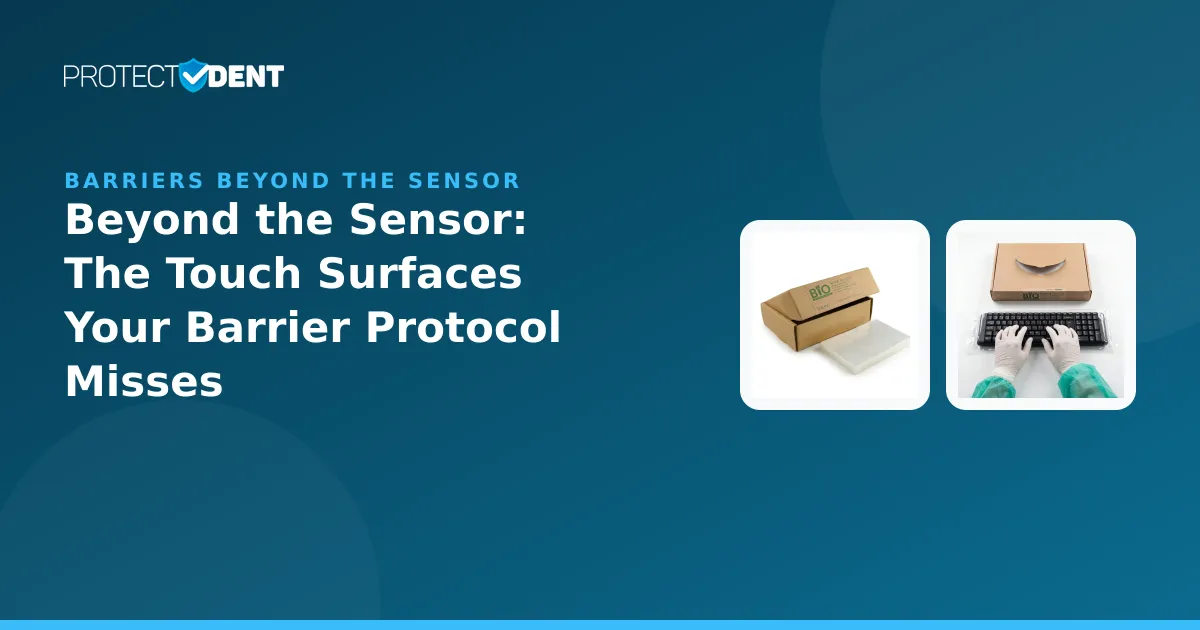 Illustration of an operatory light handle and a keyboard, both covered with disposable barrier sleeves.