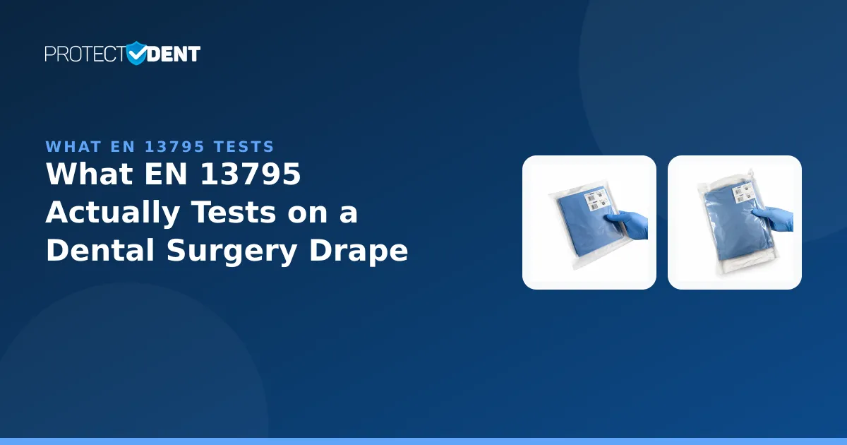 Sterile surgical drape packaging beside a barrier-index test diagram representing the EN 13795 standard