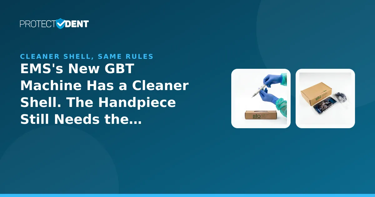 EMS GBT Machine prophylaxis unit with barrier icons over its touch panel and handpiece holder