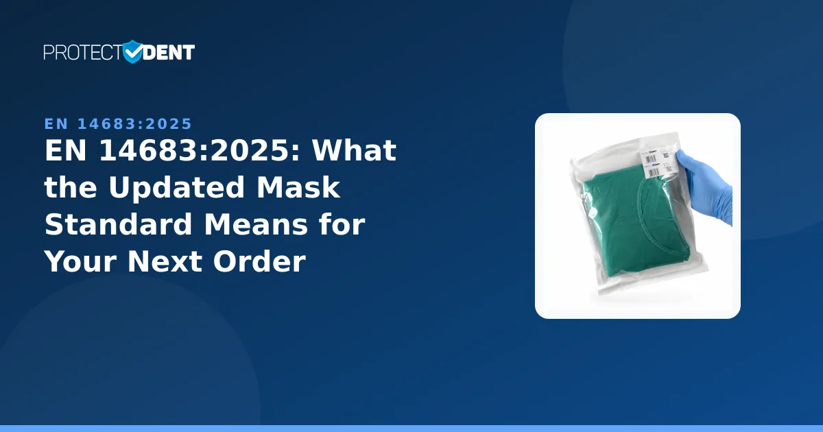 PROTECTDENT banner: EN 14683:2025 surgical mask standard update