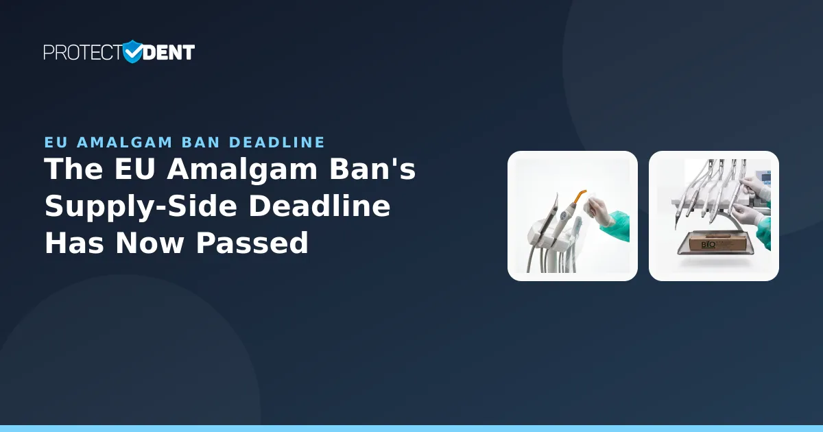 Amalgam capsules beside a calendar marked 1 July 2026, illustrating the EU's dental amalgam manufacturing and import ban deadline.